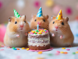 Three hamsters are celebrating a birthday with a cake and candles