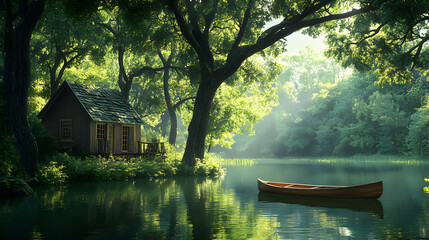 Wall Mural - A wooden canoe rests on a calm lake in the middle of a lush green forest, a small cabin sits on the shore.