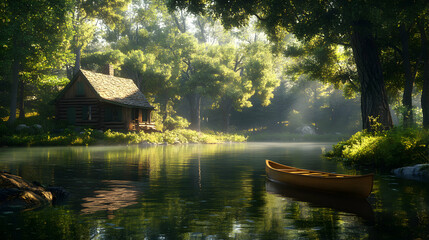 Sticker - Tranquil cabin on a lake surrounded by lush green trees and a canoe.