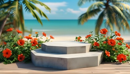 vibrant summer sale podium with colorful decorations and eye-catching promotional banners in a bright outdoor setting