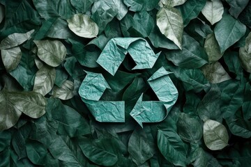 Wall Mural - A symbol of waste recycling with green leaves. Environmental protection concept with leaves background. A top view of a recycling symbol covered by green paper. Save planet, eco, recycling concept, ai