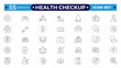 © artshuvo - The health checkup line icon is set with health care, institution, patient, science, medical equipment, and general and emergency departments. Editable stroke outline icon.