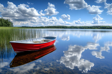 Wall Mural - A red rowboat sits on a still lake with a stunning reflection of fluffy clouds in the water.