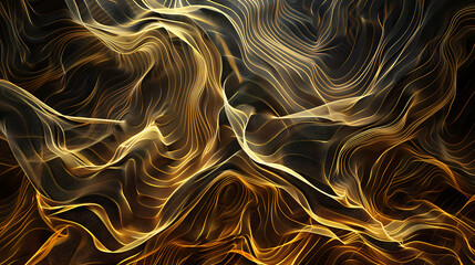 Abstract digital background with glowing gold lines and waves.