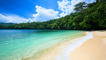 Wall Mural - A tranquil tropical beach with crystal clear turquoise water lapping at the shore, under a vibrant blue sky with fluffy white clouds.