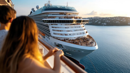 A large cruise ship arrives at tropical port, showcasing its grandeur against stunning sunset. scene captures excitement of travelers enjoying view from balcony