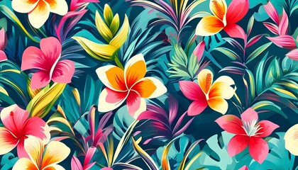 Vibrant Tropical Floral Design with Abstract Botanical Elements in a Seamless Pattern