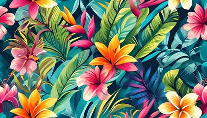 Wall Mural - Vibrant Tropical Floral Design with Abstract Botanical Elements in a Seamless Pattern