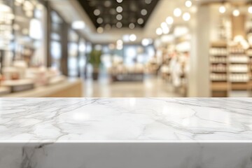 Empty white table top, counter, desk over blur perspective store with bokeh light background, White marble stone table, product display mockup, template backdrop, banner, ai