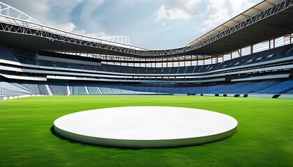 Wall Mural - white podium on green stadium grass under bright sky