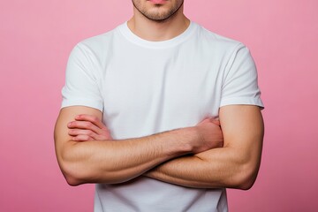 wears t-shirt casual clothes hold hands crossed folded looking camera isolated on plain color background studio portrait. Lifestyle concept, ai