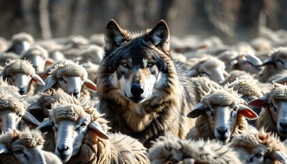 Wolf amidst a flock of sheep, capturing the tension of natures predator-prey dynamic