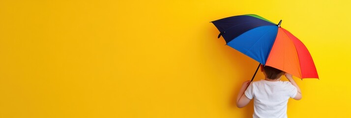 A delightful image of a child holding a colorful umbrella against a bright yellow background, symbolizing playfulness, happiness, and protection, ideal for kid-related promotions.