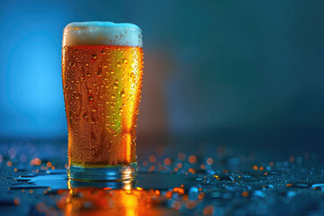 Wall Mural - A glass of beer on the table with a blue background