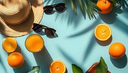 Wall Mural - Vibrant Summer Escape with Sunhat, Fresh Orange Juice, Sunglasses, and Playful Light Shadows