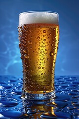 Wall Mural - A glass of beer on the table with a blue background