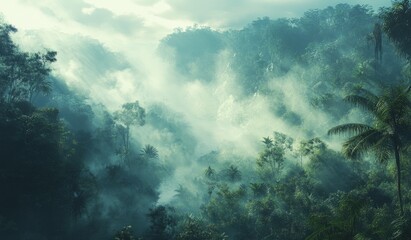 Wall Mural - Misty Morning in A Lush Remote Rainforest With Dense Greenery