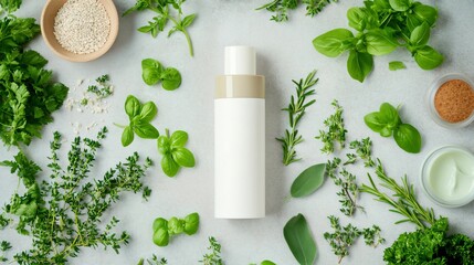 Wall Mural - Herbal cosmetic bottle mockup with fresh herbs and flowers.