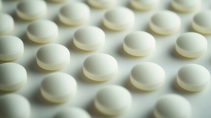 51. Close-up of milk tablets neatly arranged on a clean, white surface, showcasing their smooth texture and uniform shape with a subtle, creamy color