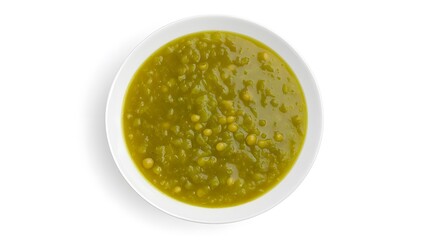 Delicious homemade green pea soup in white bowl on white background