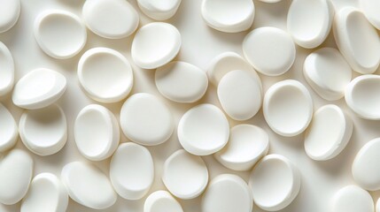 55. Creamy white milk tablets shown in close-up, highlighting their smooth surface and consistent shape, arranged on a minimalist background