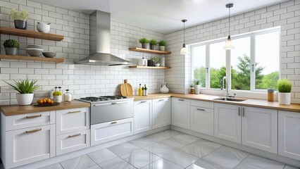 a sleek and sophisticated atmosphere is created with bright white ceramic kitchen tiles featuring pr