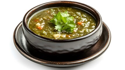 Wall Mural - Hearty green chile stew with fresh cilantro garnish in rustic bowl