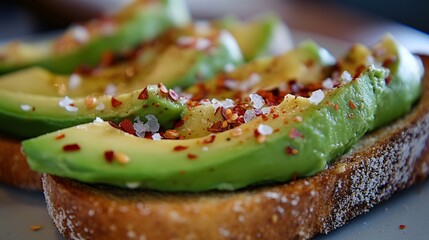 89. Delicious avocado toast adorned with chili flakes and sea salt, presented in a close-up shot that highlights the freshness and contrasting textures of the toppings