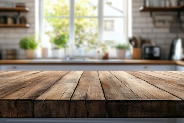 Wall Mural - Brown wood table top over blurred kitchen counter interior background with window, ai