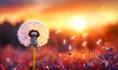 Dandelion seeds blowing in the wind at sunset.