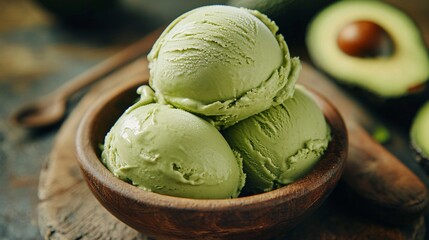 100. South African avocado ice cream paired with fresh avocados, captured in a detailed and appetizing shot, emphasizing the natural, creamy texture and the fresh green color