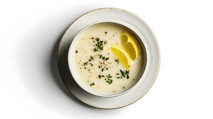 Creamy lemon herb soup with thyme garnish and sliced lemons in ceramic bowl