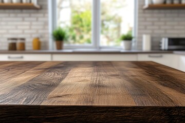 Wall Mural - Brown wood table top over blurred kitchen counter interior background with window, ai