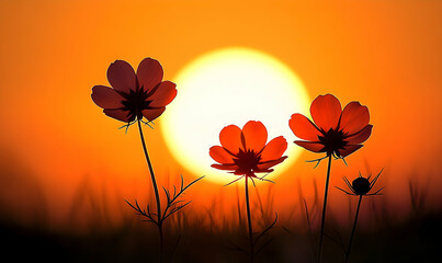 Wall Mural - Silhouettes of three cosmos flowers against a setting sun.