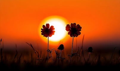 Silhouette of two flowers against a vibrant orange sunset.