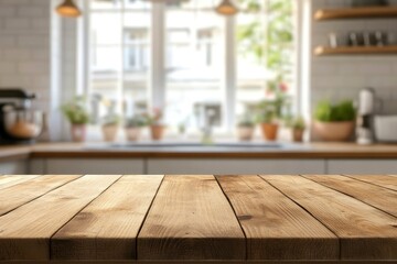 Wall Mural - Brown wood table top over blurred kitchen counter interior background with window , ai