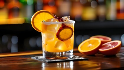 Wall Mural - Refreshing Dark N Stormy cocktail with citrus notes and orange slice on stylish bar table