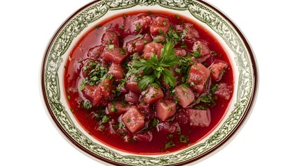 Delicious beetroot salad with fresh herbs in a decorative bowl