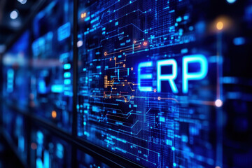 Enterprise resource planning (ERP) text on blue screen board background.