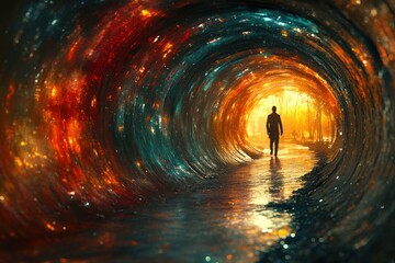 A silhouetted figure stands in a cosmic tunnel of light and color.