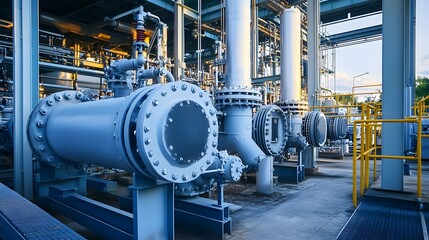 Wall Mural - A large industrial plant with many pipes and valves. Scene is industrial and mechanical