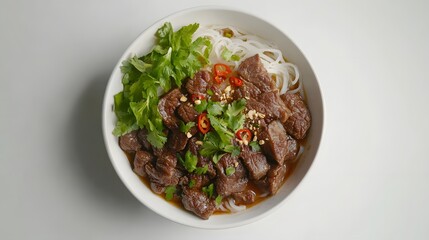 Wall Mural - Savoury beef noodle bowl with fresh herbs and spices