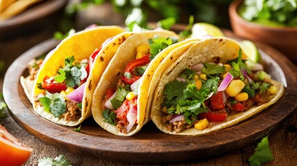 Plate of tacos with colorful fillings and fresh cilantro.