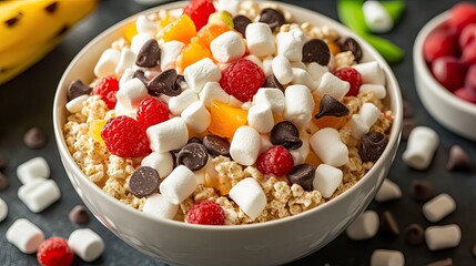 Rice Krispies cereal with marshmallows and chocolate chips and fruit and mini marshmallows.