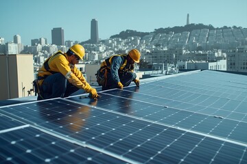 Team of engineers and technicians working on photovoltaic solar power plant