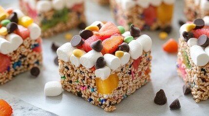 Rice Krispies treats with marshmallows and chocolate chips and fruit and sprinkles.