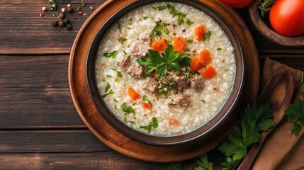 Wall Mural - Rice porridge with vegetables and meat.