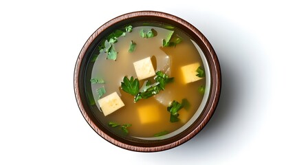 Wall Mural - Miso soup with tofu and green onions in wooden bowl on white background