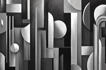 Abstract monochrome geometric composition with varied shapes.