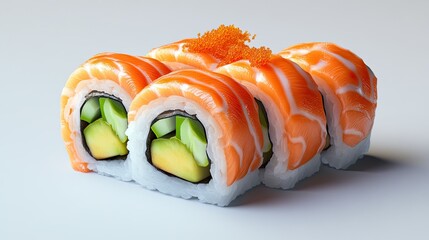 Wall Mural - Salmon sushi roll with avocado and cucumber inside.